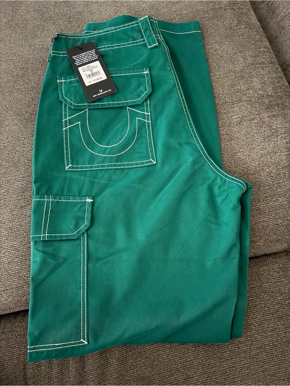 True Religion Green Cargo Pants with Contrast White Stitching
